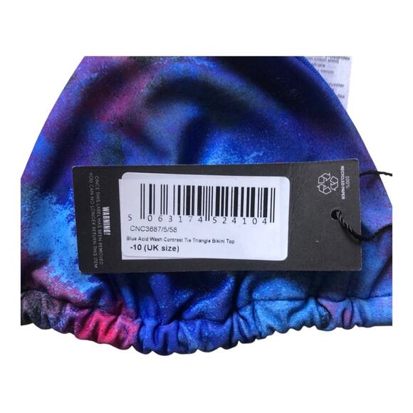 Pretty Little Things NWT Blue Acid Wash Contrast Tie Triangle Bikini Top Size 6 - Picture 9 of 14